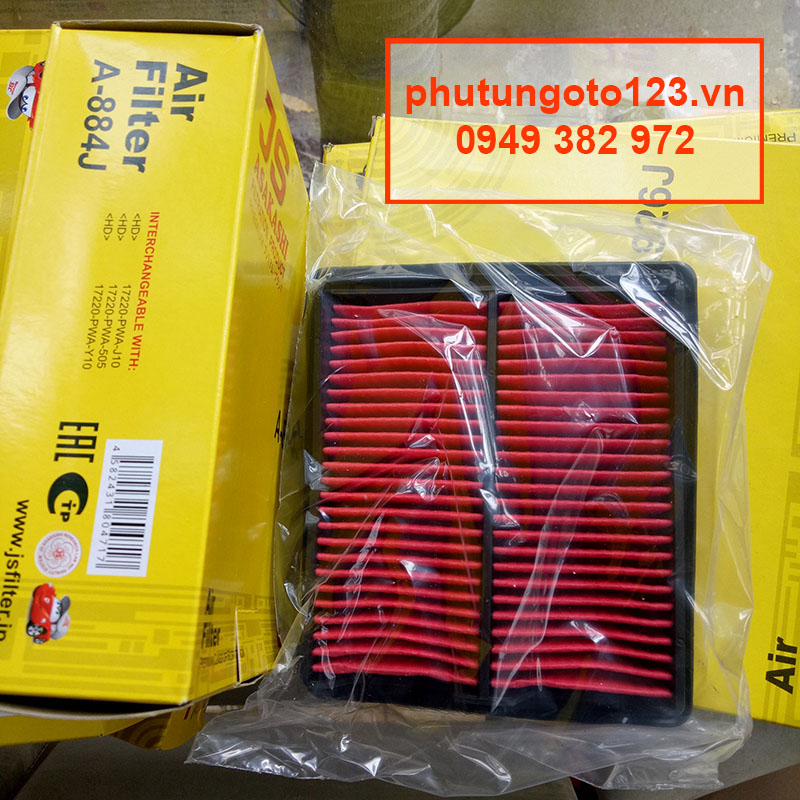 Lọc gió động cơ Honda Jazz 2002, 2003, 2004, 2005, 2006, 2007, 2008 17220-PWA-J10 mã A884J JS Asakashi Nhật Bản